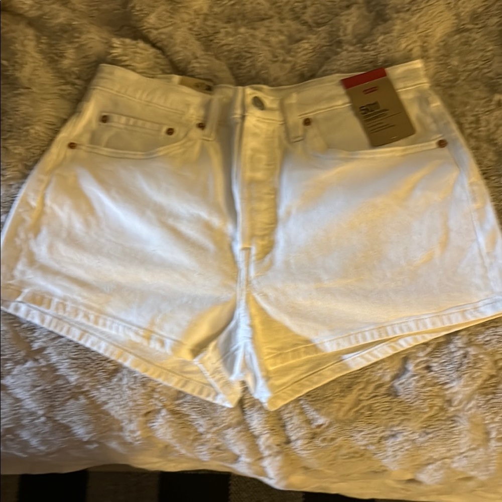 Levi's White Jean Shorts with Distressed Hem and Mid-Rise Fit 30waist